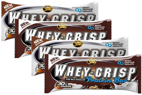 Piimašokolaadi proteiinibatoon: Vaarika tükkidega, kookose mandliga, krõbeda šokolaadiga, valge šokolaadiga - All Stars Whey Crisp (10TK)